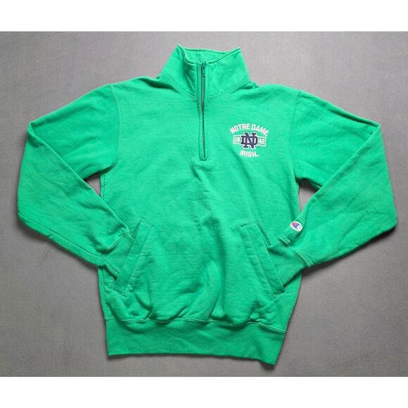 VTG XS Champion Fleece 1/4 Zip Sweatshirt Jacket Notre Dame Irish Green Pocket - Picture 1 of 6